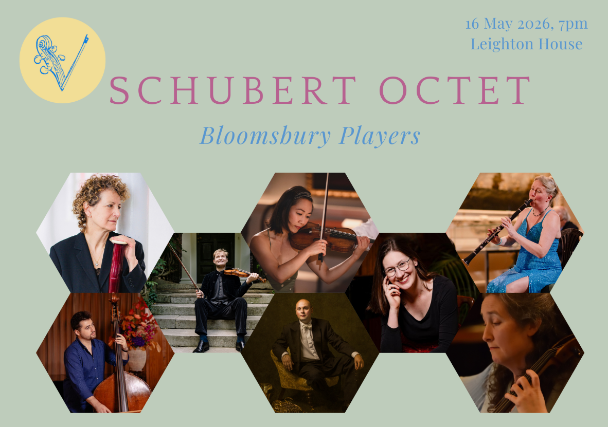 Event poster for the Schubert Octet, featuring photos of musicians with their instruments.